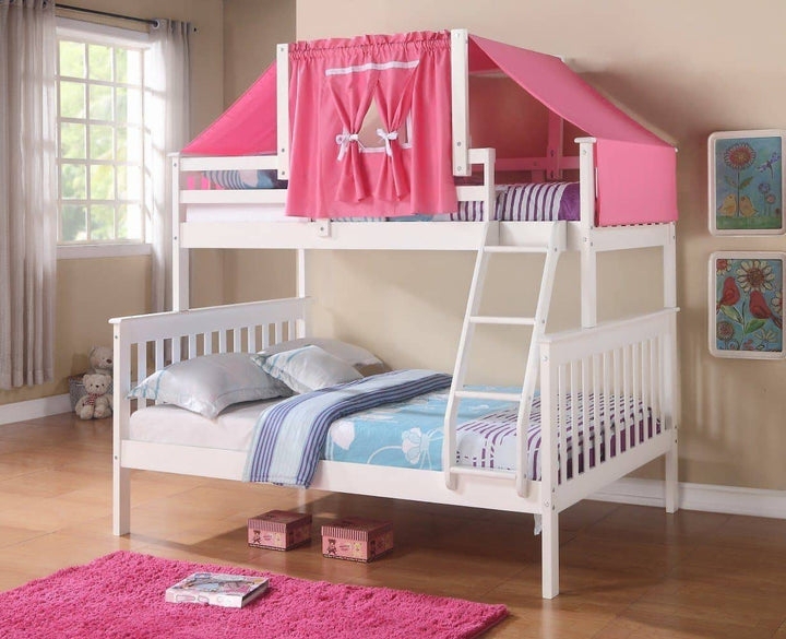 White Twin Over Full Bunk Bed with Pink Tent Canopy