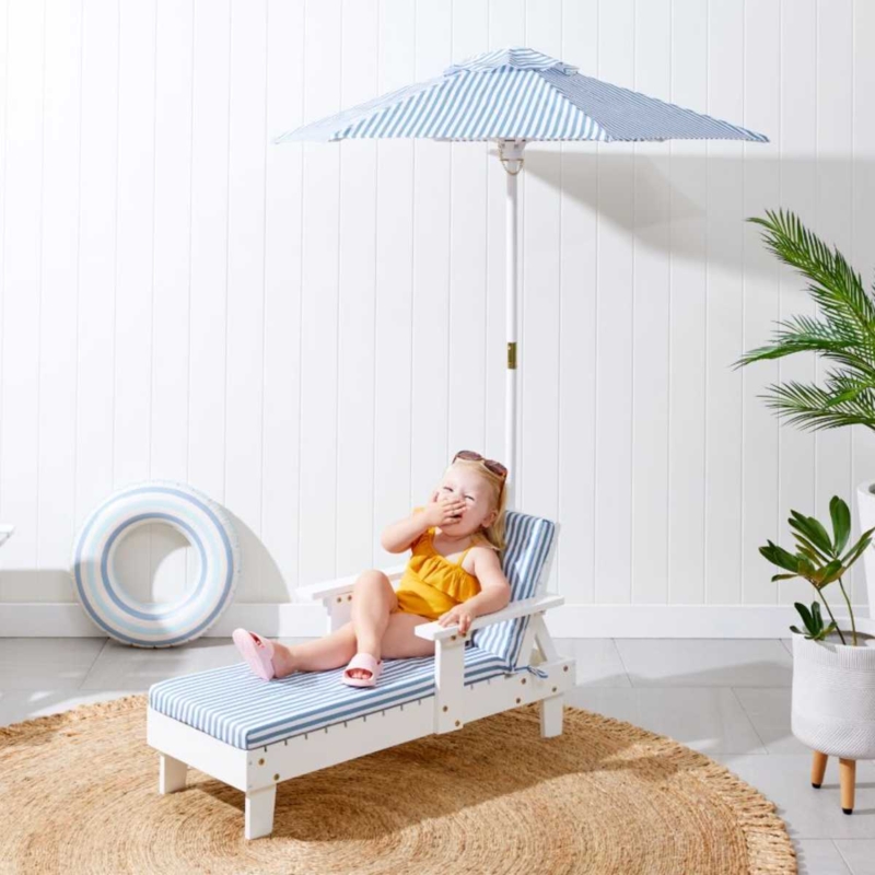 White Wooden Kids Lounger Navy Stripe With Umbrella Shade