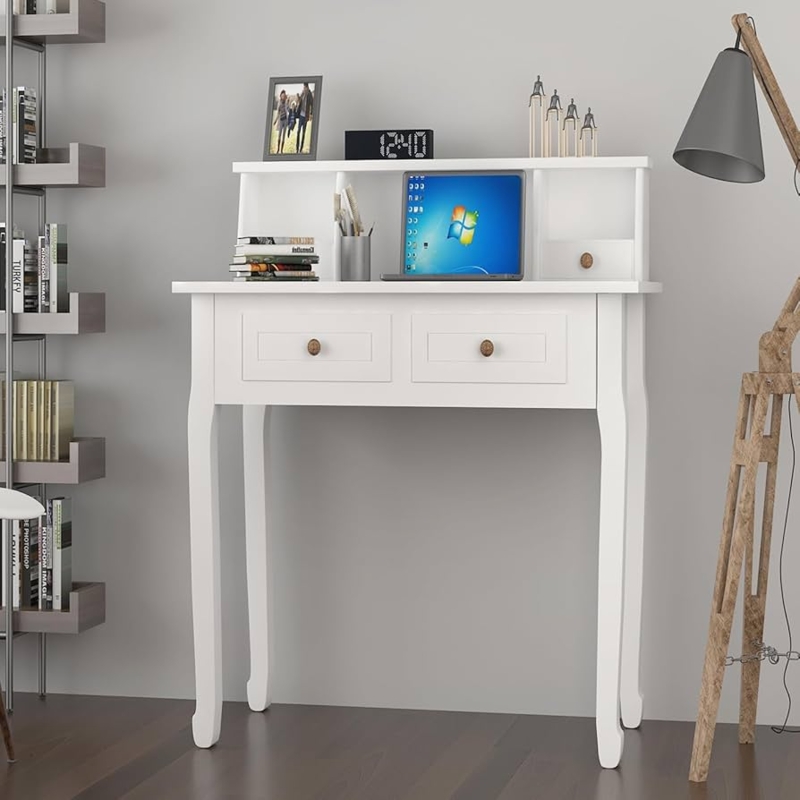 White Writing Desk with Hutch, Cabriole Legs, Recessed Panels