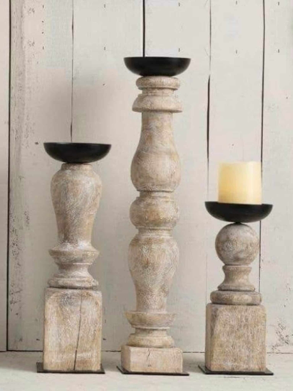 Whitewashed Baluster Silhouette Candle Holders, Rustic Staggered Heights
