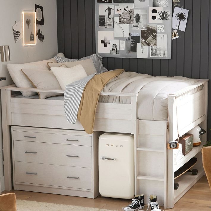 Whitewashed Low Loft Bed with Fridge Cubby and Integrated Dresser