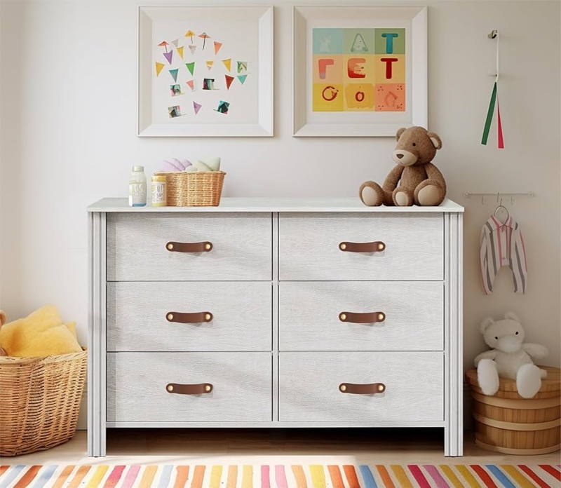 Whitewashed Nursery Dresser Leather Strap Pulls Modern Style