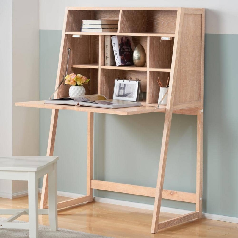 Whitewashed Secretary Desk: Support Cables, Scandinavian Style Hutch