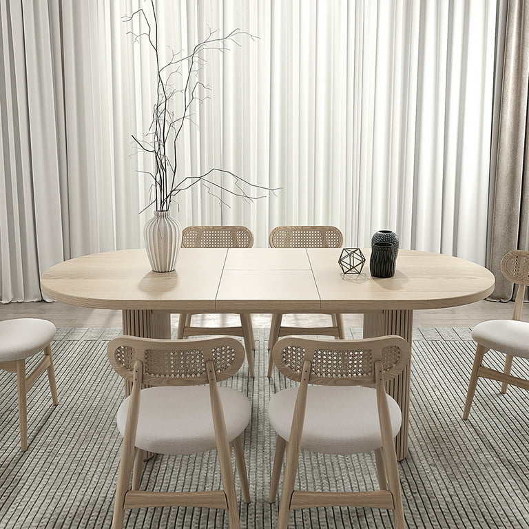 Whitewashed Wood Dining Set with Ribbed Pedestal and Cane Chairs