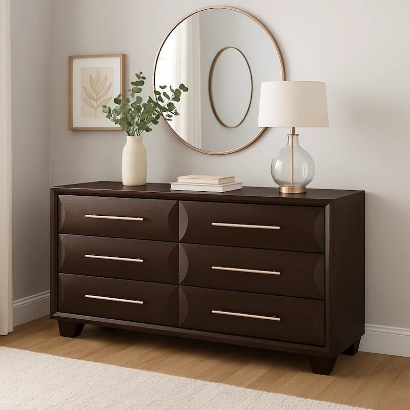 Wide Dresser Rose Gold Handles Contoured Fronts Espresso Finish