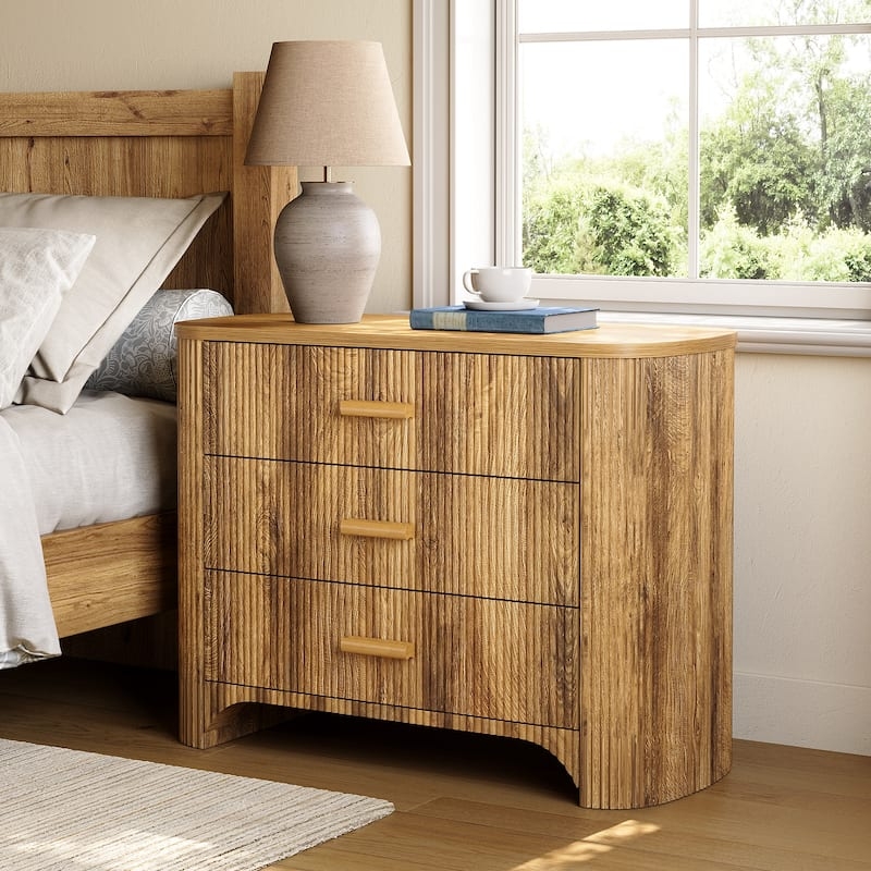 Wide Fluted Nightstand: Curved Wood Storage Unit in Honey Oak Tone