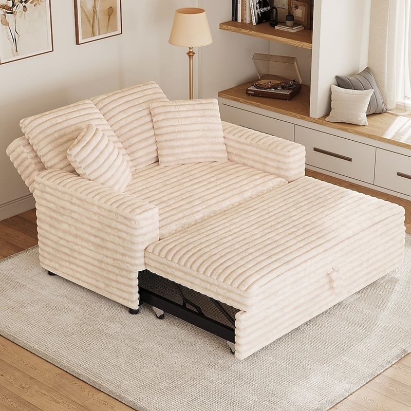 Wide Wale Corduroy Sleeper Loveseat in Warm Ivory with Casters