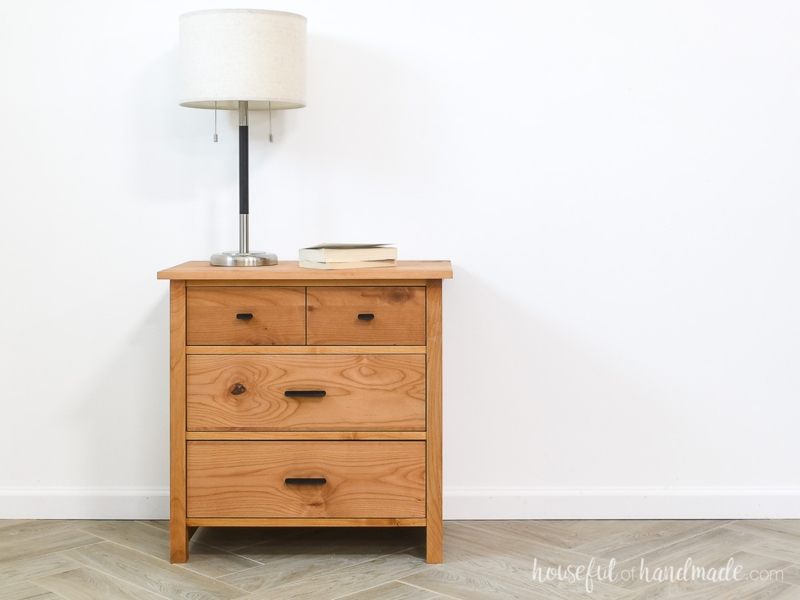 Wide Wooden Nightstand: 4 Drawer Bedside Table with Black Hardware