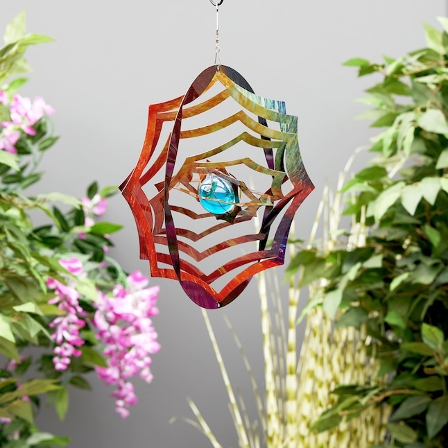Wind Spinner Blue Glass Ball Concentric Rings Iridescent Geometric