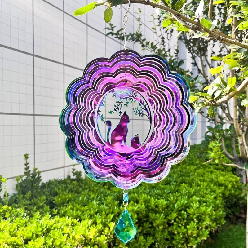Wind Spinner Iridescent Cat Silhouette Teardrop Crystal Whimsical Yard