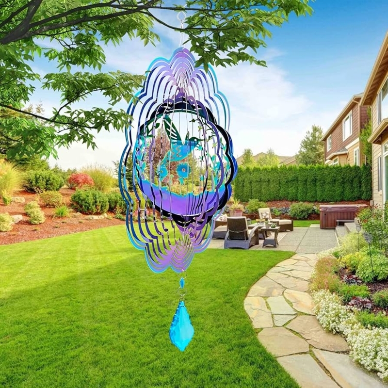 Wind Spinner Iridescent Hummingbird Motif Blue Crystal Pendant Garden