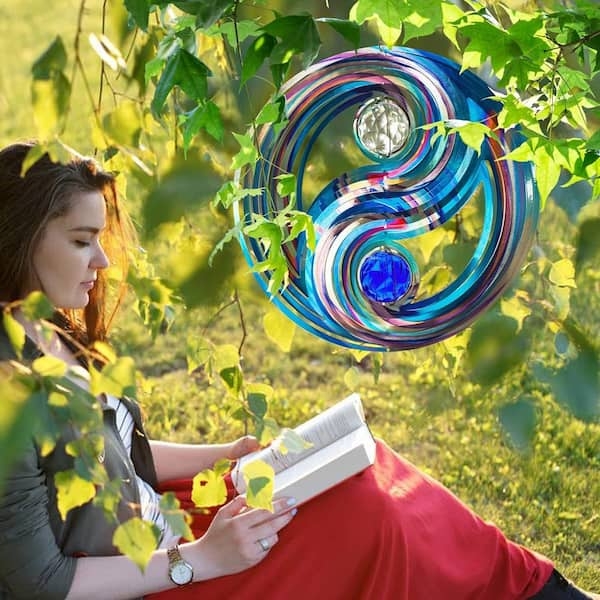 Wind Spinner Yin Yang Motif 3D Slats Dual Crystal Spheres Blue Mandala