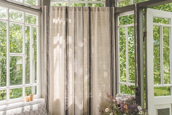 Window Curtain Black Ticking Stripes Heavyweight Linen Farmhouse Rustic