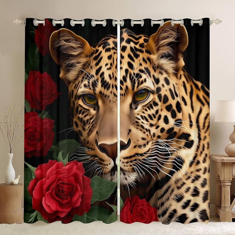 Window Curtain: Vibrant Red Rose and Leopard Graphic, Maximalist 3D Print