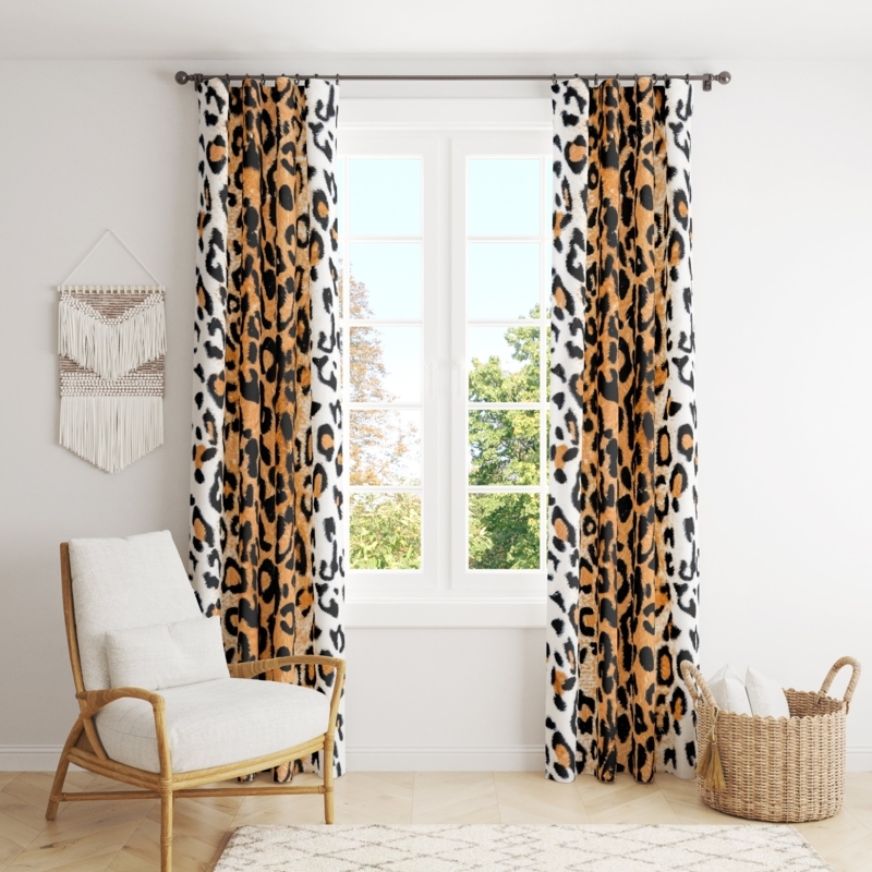 Window Curtains: Dual Tone Leopard Print, Orange and White Boho Drapes
