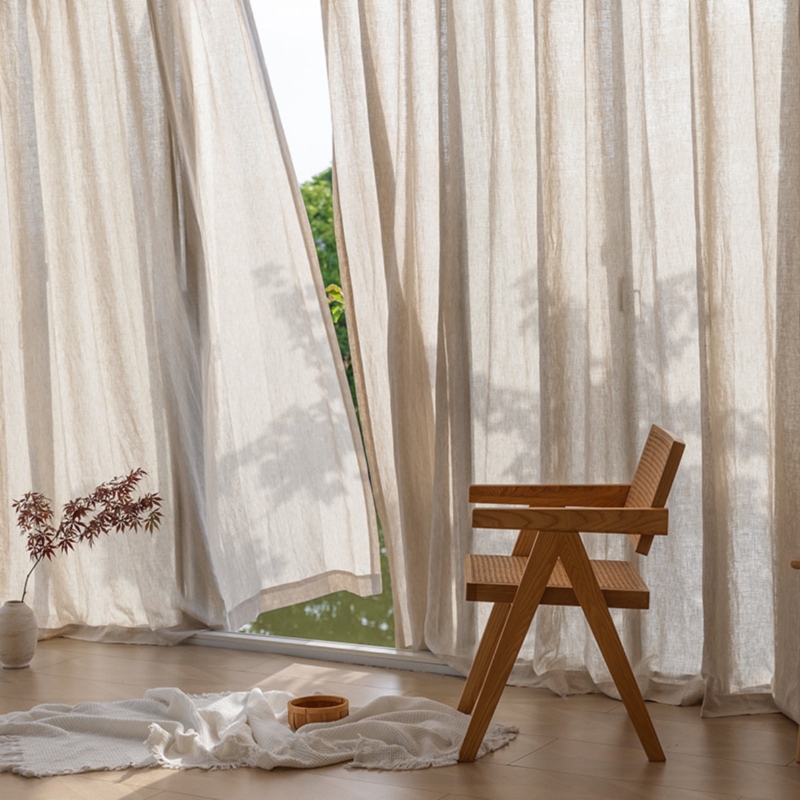 Window Curtains Flax Beige Puddling Hem Sheer Weave Minimalist Lounge