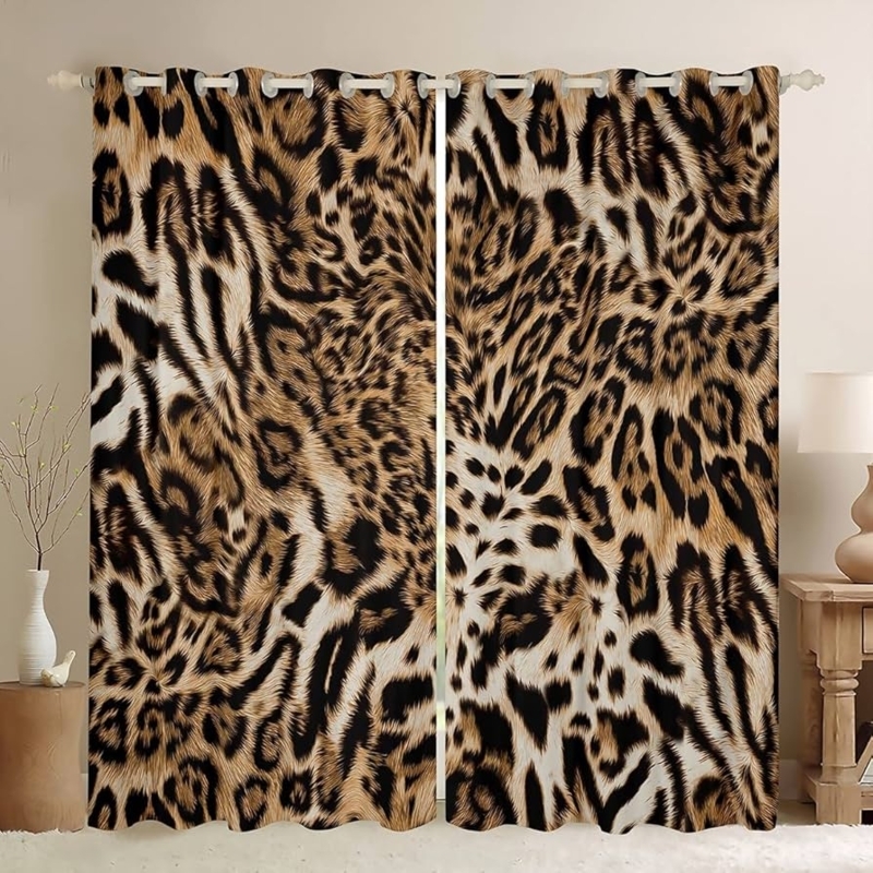 Window Curtains: Photorealistic Leopard Fur Print, Grommet Top 2-Panel Set