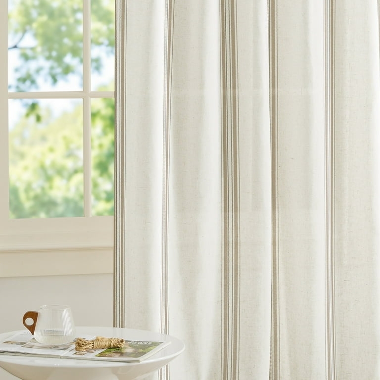 Window Curtains Taupe Vertical Stripes Light Filtering Ticking Pattern