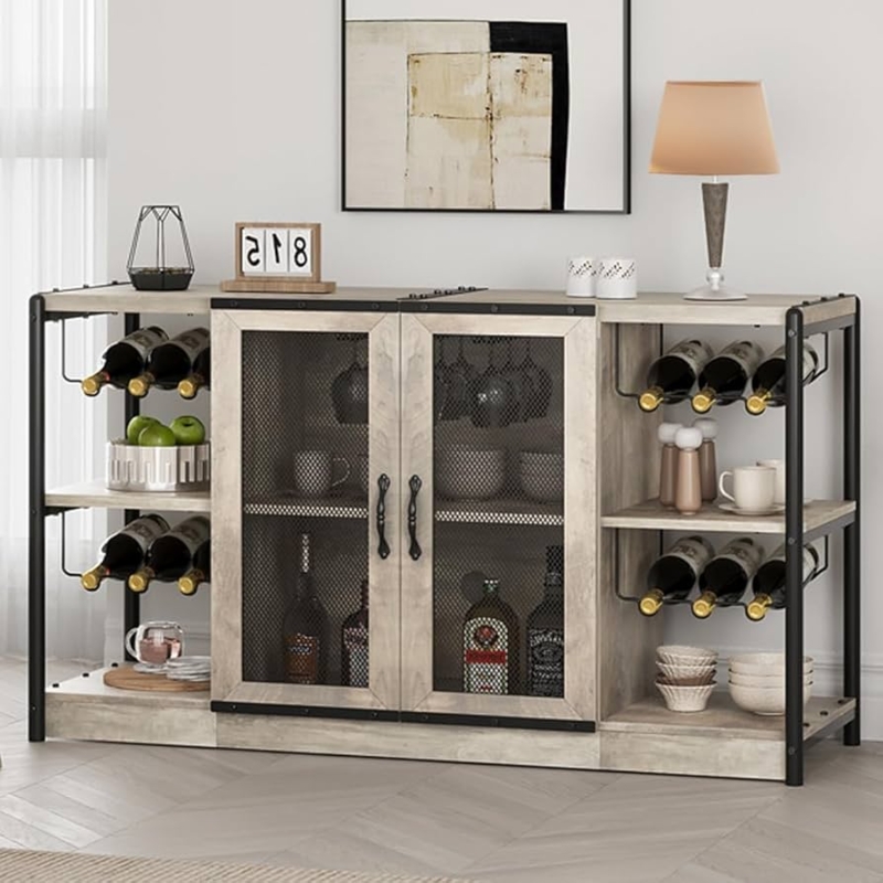 Wine Bar Cabinet Grey Wash Mesh Cabinet Doors Industrial Rustic