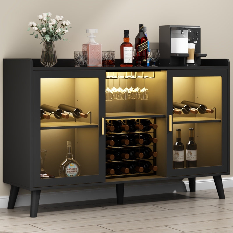 Wine Bar Cabinet Matte Black Integrated LED Bottle Grid Mid-Century