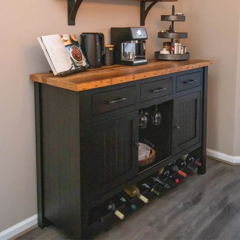Wine Buffet Cabinet: Rustic Wood Top Sideboard with Shaker Style Doors