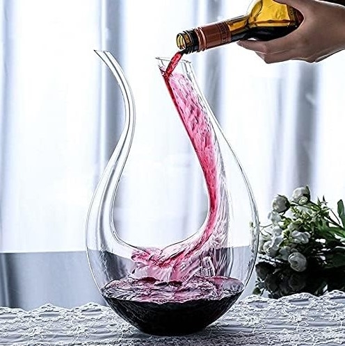 Wine Decanter, Hand-Blown Glass U-Shaped Swan Neck Design