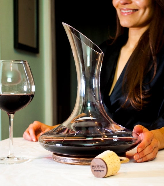 Wine Decanter, Hand Blown Glass with Wooden Base Stand and Rope Cork