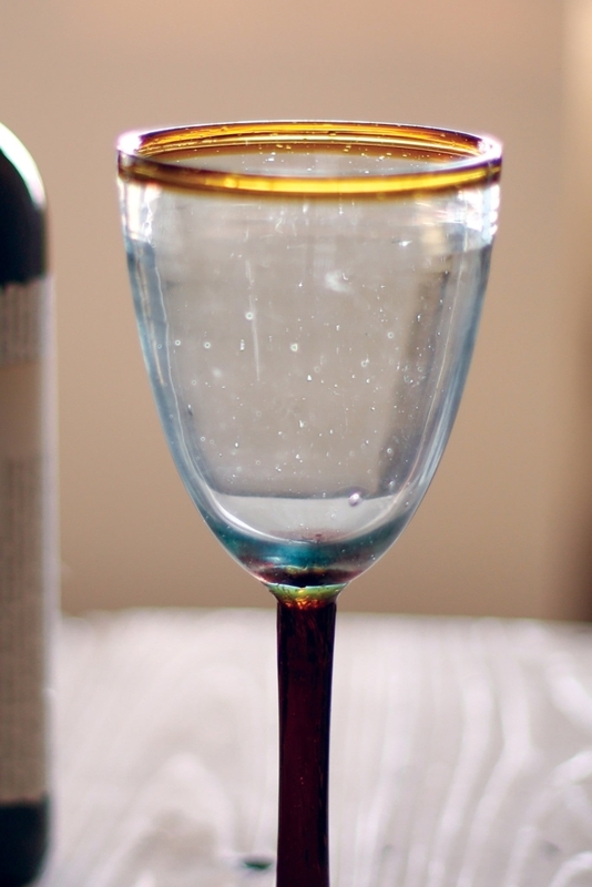 Wine Glass Amber Rim Seeded Texture Hand Blown Rustic