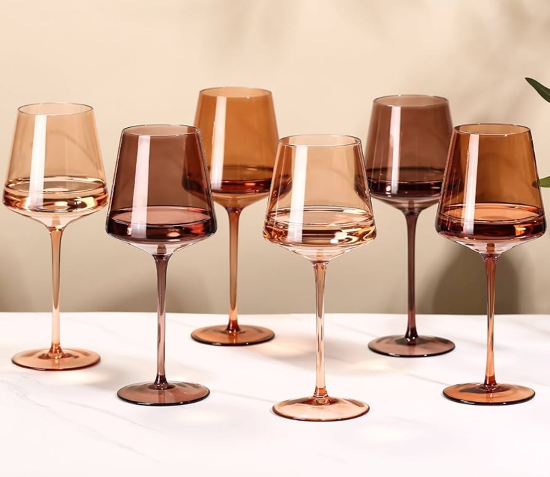 Wine Glass Amber Tinted Angular Silhouette Tall Stem Modern Crystal