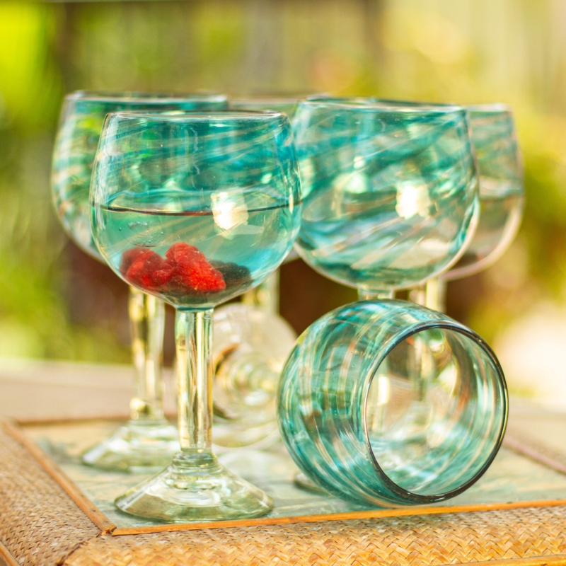 Wine Glass Aqua Swirl Recycled Hand Blown Coastal Stemware
