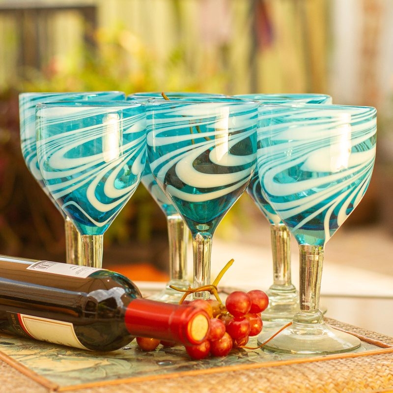 Wine Glass Aqua White Swirl Flared Bowl Hand Blown Coastal Chic