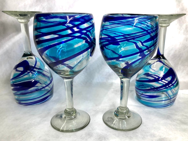 Wine Glass Blue Turquoise Swirls Hand Blown Coastal Stemware