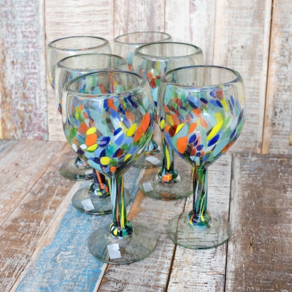 Wine Glass Bubble Inclusions Swirled Stem Recycled Mexican Artisan