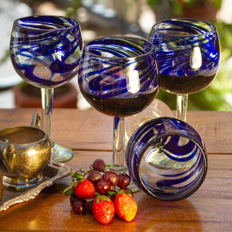 Wine Glass Cobalt Blue Swirl Wide Bowl Handblown Mediterranean