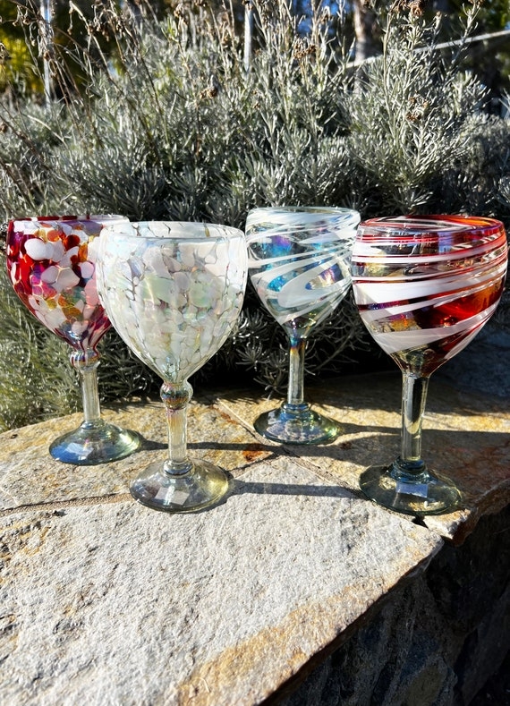 Wine Glass Festive Red Swirl Iridescent Finish Hand Blown