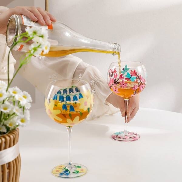 Wine Glass Hand Painted Flowers Balloon Bowl Whimsical Garden