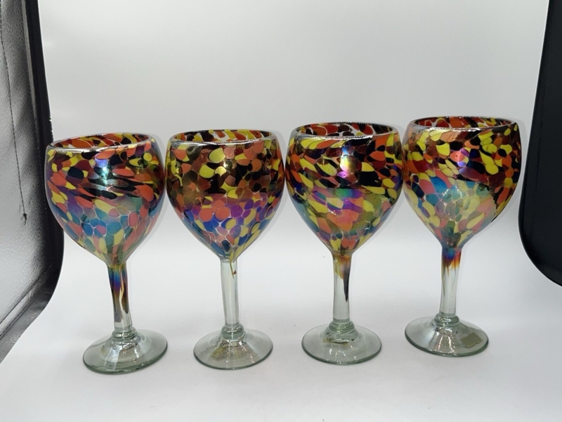 Wine Glass Iridescent Mottled Confetti Hand Blown Mexican Artisan