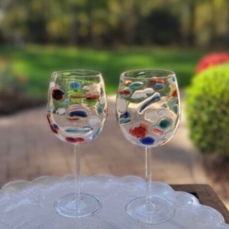 Wine Glass Multi Colored Inclusions Hand Blown Abstract Art Bohemian