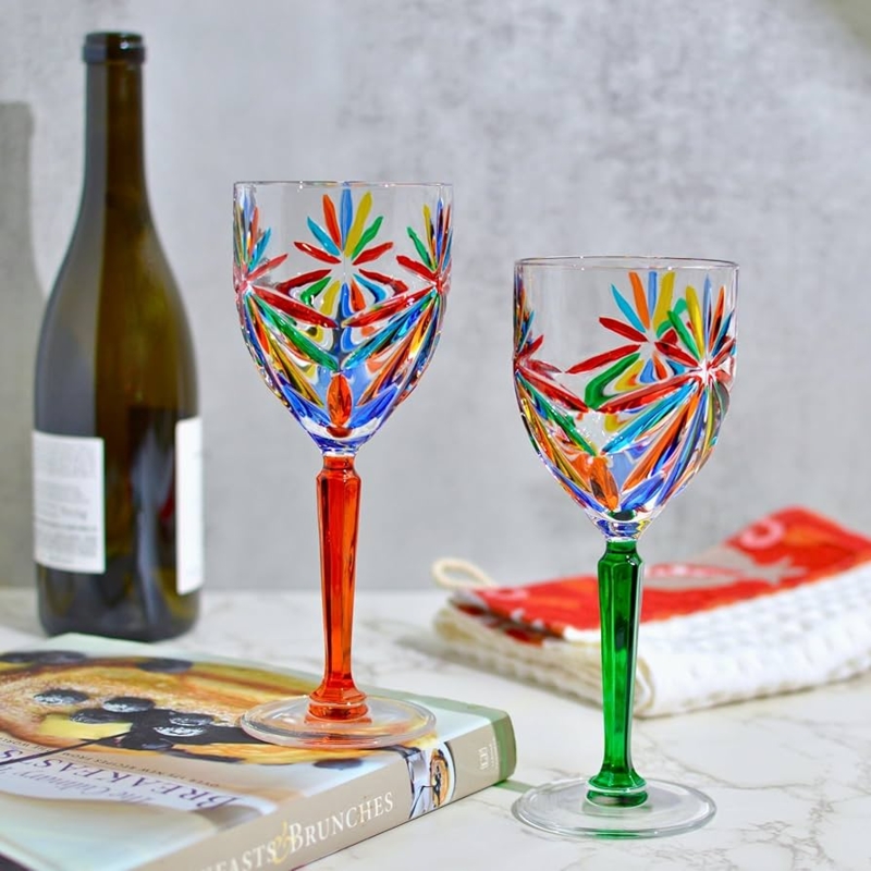 Wine Glass Starburst Pattern Colored Stem Italian Crystal Murano