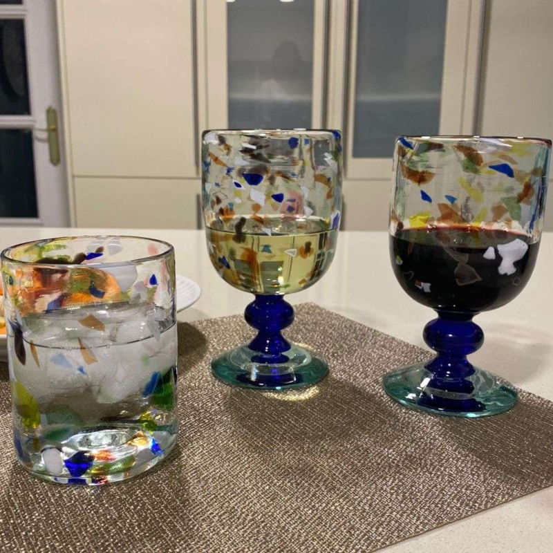 Wine Goblet Confetti Pattern Cobalt Blue Stem Hand Blown