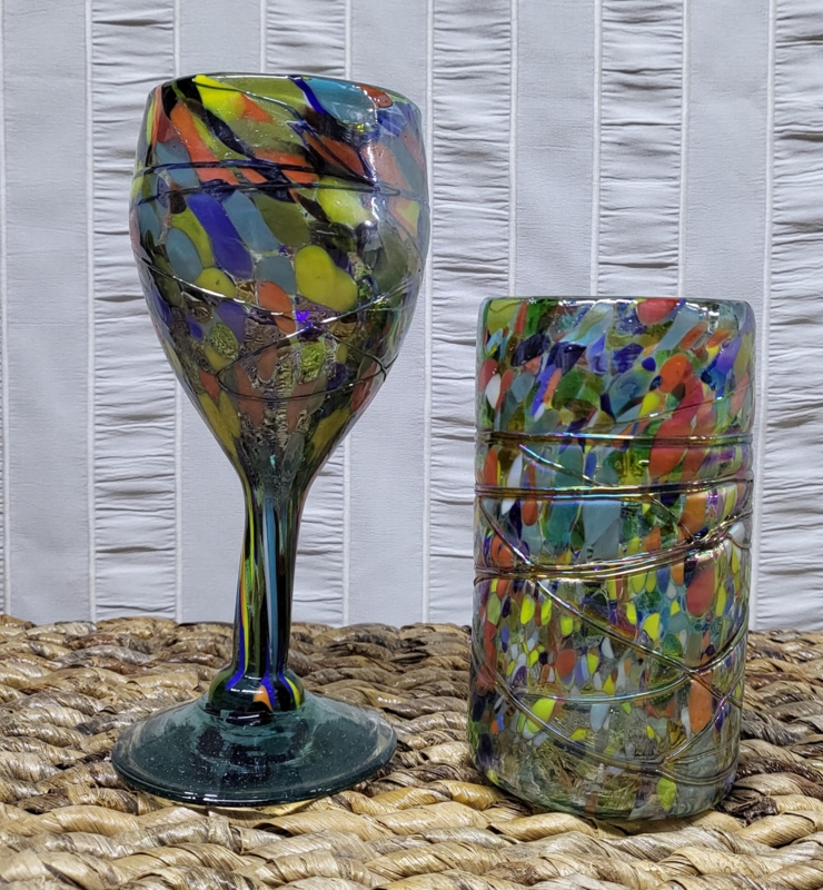 Wine Goblet & Tumbler Raised Spiral Texture Eclectic Hand Blown