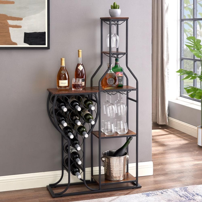 Wine Rack Freestanding Industrial with Unique Wine Glass Silhouette