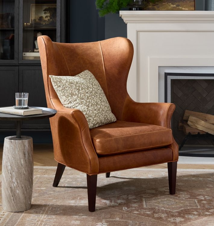 Wingback Accent Chair Cognac Leather Like Tapered Legs Fireside Seating