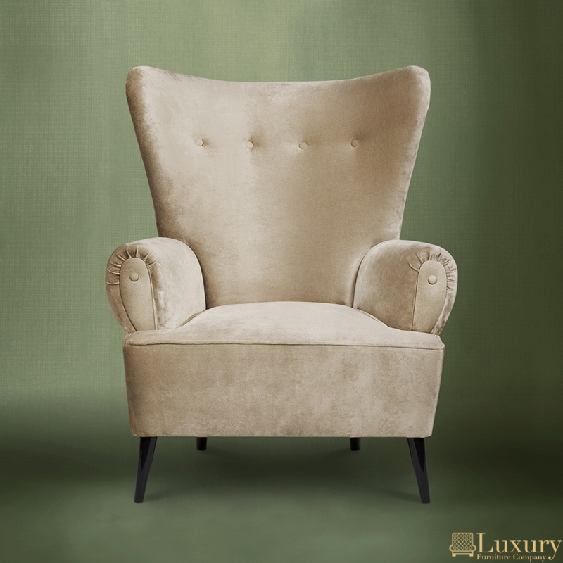 Wingback Armchair Button Tufting Pleated Arms Champagne Beige Velvet