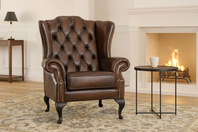 Wingback Armchair Tobacco Brown Leather-like Chesterfield Style Tufted