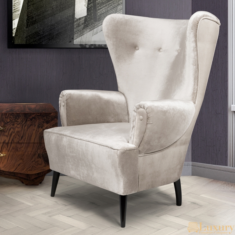 Wingback Chair Champagne Velvet Tapered Black Legs Luxury High Back