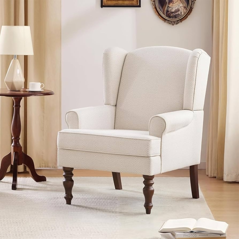 Wingback Chair Chevron Upholstery Turned Legs Transitional Reading Chair