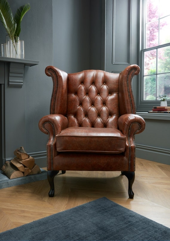 Wingback Chair Vintage Tan Leather-like Queen Anne Legs Button Tufted