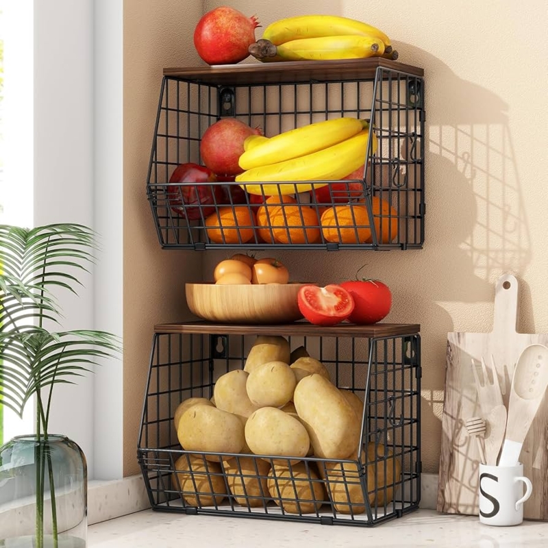 Wire Storage Baskets Stackable Flat Wood Lid Wall Mounted Set