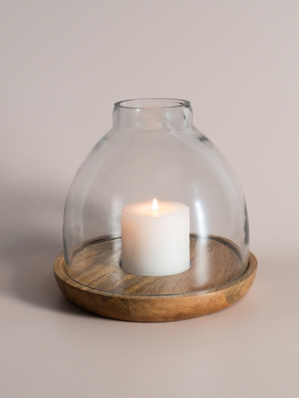 Wood And Glass Hurricane Candle Holder, Open Top Chimney Design